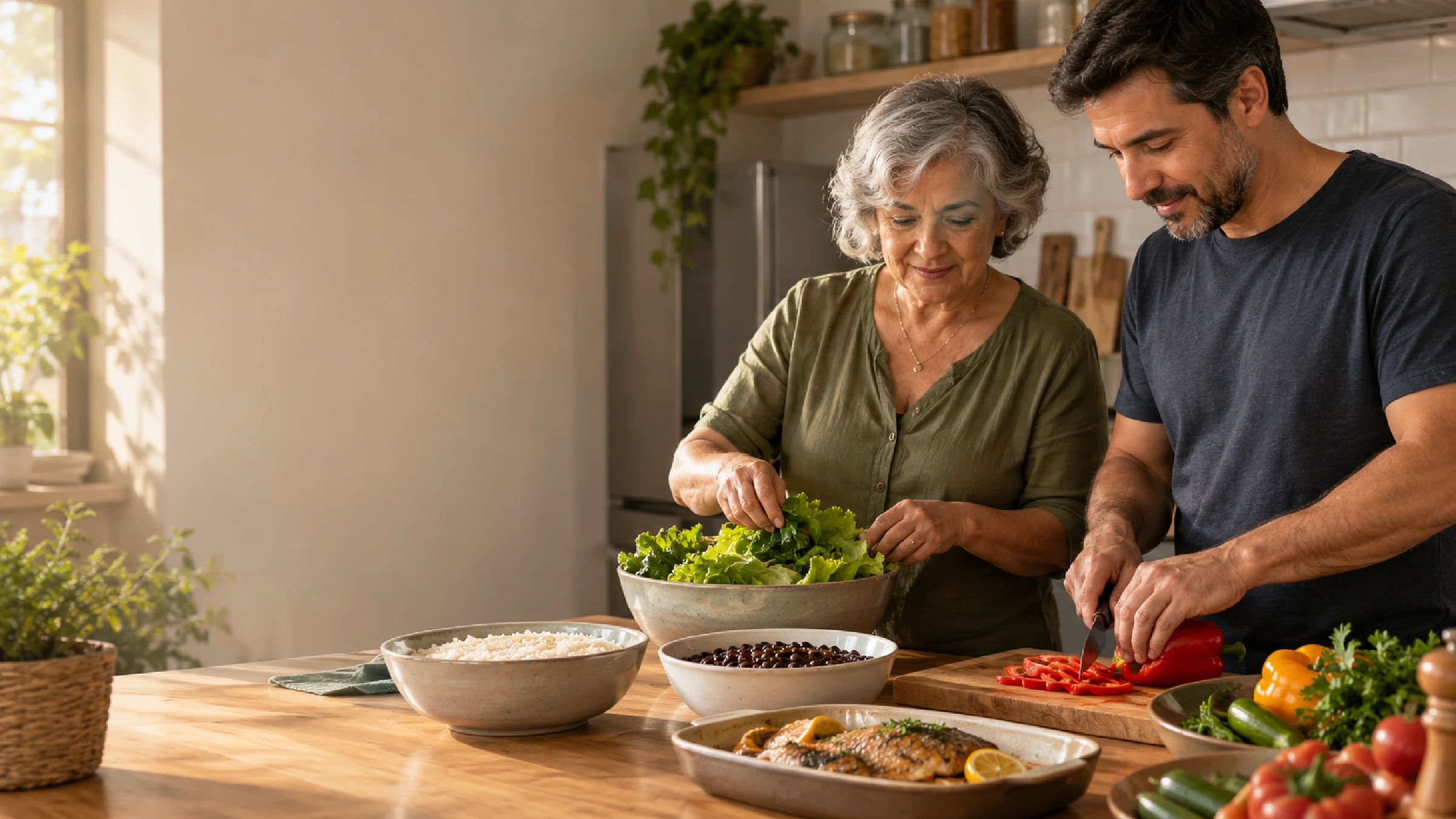 Duas pessoas sorrindo e interagindo com alimentos frescos sobre uma bancada clara
